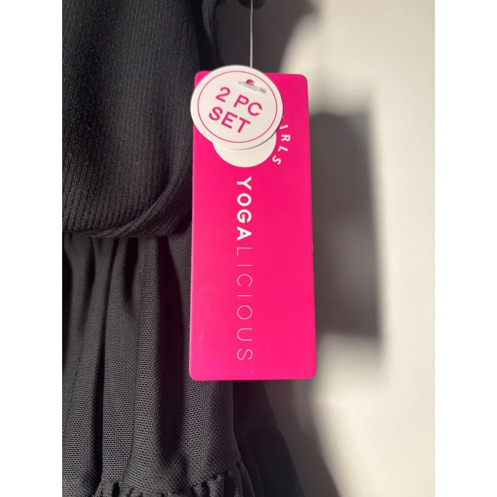 Yogalicious NWT Girls Heavenly Rib Bloom Tank/Mesh Skort 2pc Set Black M/10